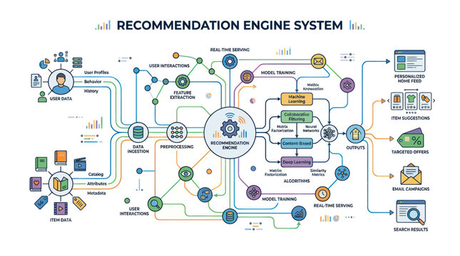 Recommendation Engine System Flowchart, Machine Learning Algorithm, Data Analysis