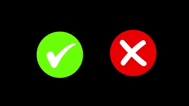 Animated green checkmark and red cross symbols set for user interface evaluation, decision making, control, survey feedback, and interactive digital applications on a black background