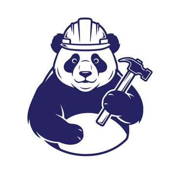Panda bear holding a hammer and wearing a hard hat with white background animal character tool use construction hat blue collar construction character illustration industry handyman creature