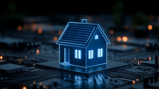 Glowing blue digital house with solar panel on a circuit background
