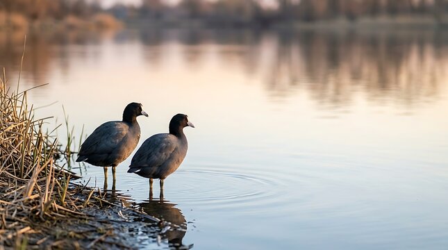 Two coot birds standing by a calm lake at sunset