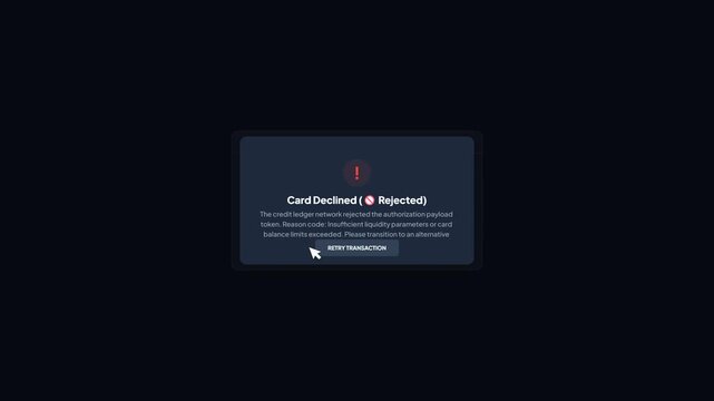 Premium Subscription Card Declined Rejected Insufficient Liquidity Message Box on Dark Theme