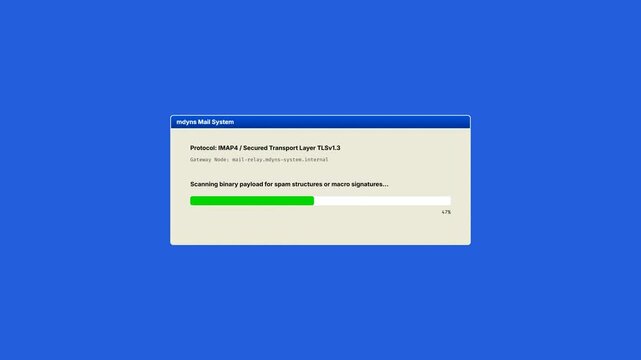 Computer Desktop Interface Screen Graphic Displaying Mail System Mailbox Stream Indexing Progress Bar and Email Blocked Policy Alert