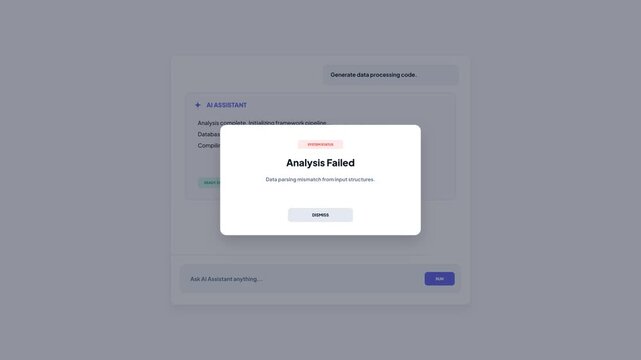 AI Assistant Workspace Interface with Code Generation Prompt and Analysis Failed Error Modal Window in Minimalist Style UI Design