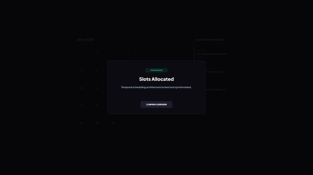 Calendar Schedule UI Design with Slots Allocated Success Modal Notification Window on Dark Mode Dashboard Interface