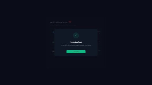 User interface overlay animation showing a simulated dark-themed notification center message archived confirmation with a marked as read modal popup on a solid background.
