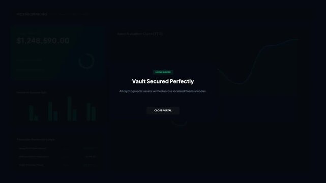 User interface overlay animation showing a simulated dark-themed banking dashboard financial graph rendering with a liquid audited vault secured perfectly modal popup on a solid background.