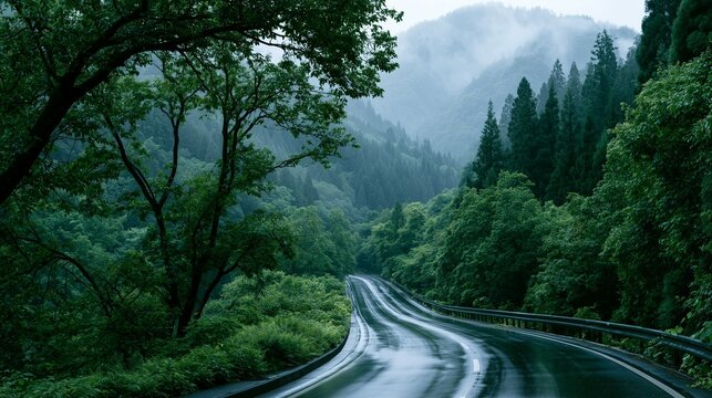 雨に濡れた日本の新緑の山道と霧に包まれた美しい山並みの風景