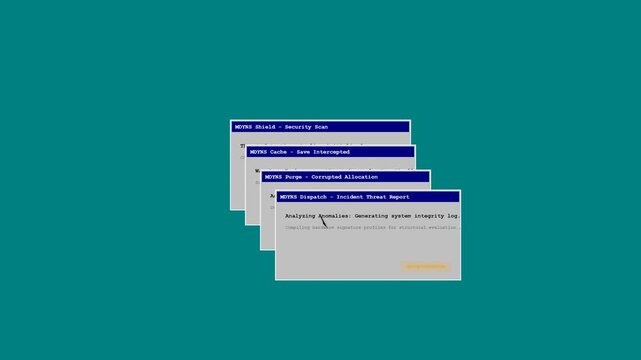 Retro computer operating system warning popups cascade and crashing into terminal fatal exception buffer overflow text on black screen