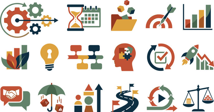 Business Productivity Icon Vector Illustration Featuring Gears, Hourglass, Calendar, Target, Chart, Rocket, Umbrella, Scales, Teamwork