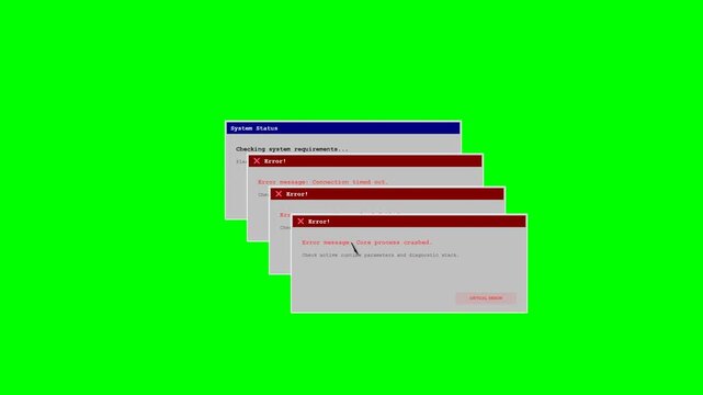 Retro System Status Verification Tool showing Cascading Critical Error Windows and Core Process Crash Terminal Log