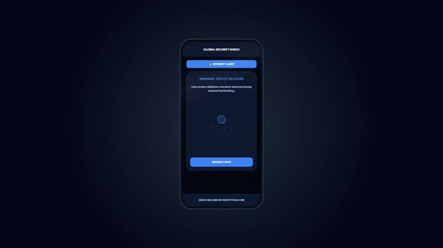 Global security shield application displaying integrity alert message with external handshaking exploit blocked