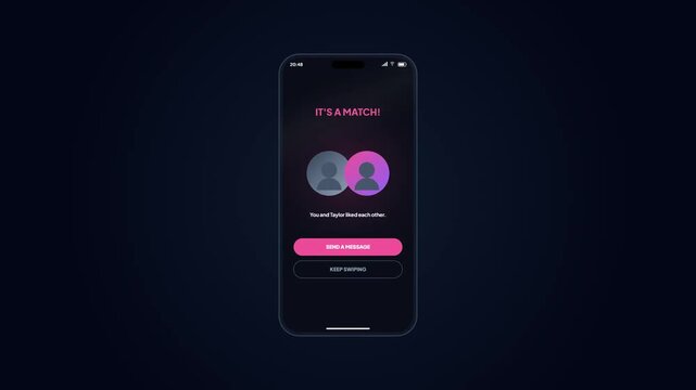 Dating mobile application screen animation showing match celebration with message button options