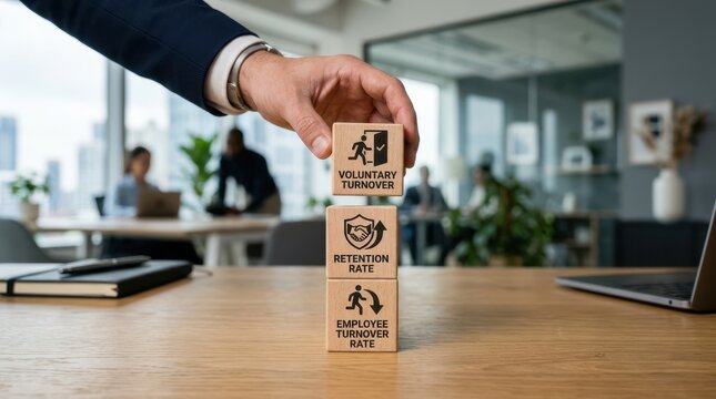 Businessman holding wooden blocks with employee turnover rate concepts in modern office space