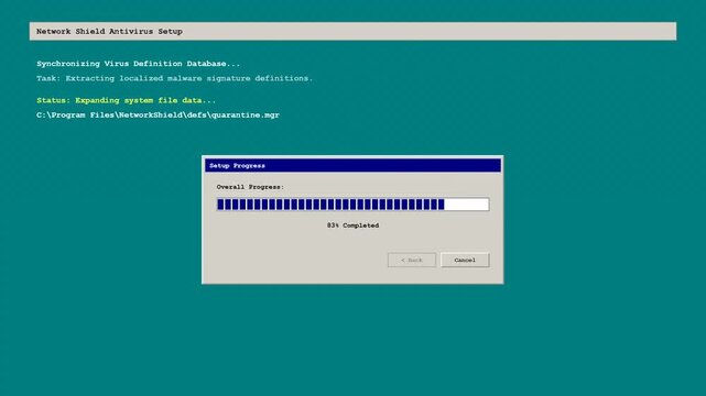 Retro Operating System Software Installation. Vintage installer dialog window displaying file extraction progress bar loading from 8% to 91% with system status log on teal desktop background.
