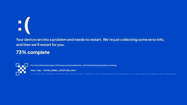 Critical System Crash Blue Screen. Dark system alert dialog box transitioning to a classic blue screen crash error with animated percentage progress counter and stop code message.