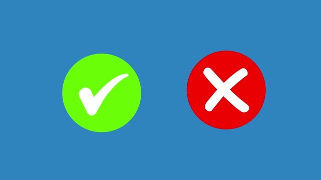 Vibrant green checkmark and bold red cross set on a solid blue background, for ui digital, feedback systems, survey, validation, decision making, and interactive user experience