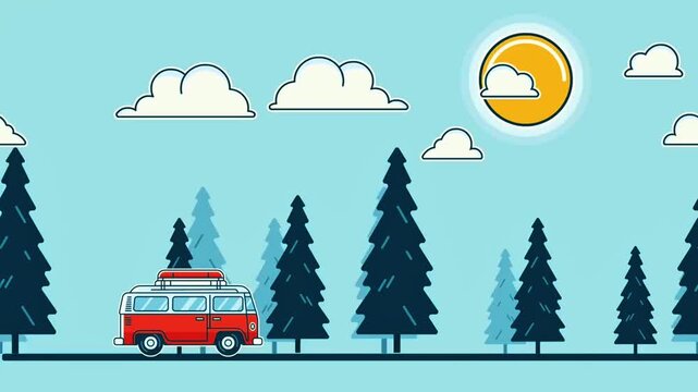 Animated vintage camper van travels on a scenic road amidst pine trees, sun, and clouds. Loopable.