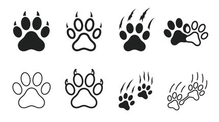 Fototapeta premium Animal paw prints and predator claw marks icon set