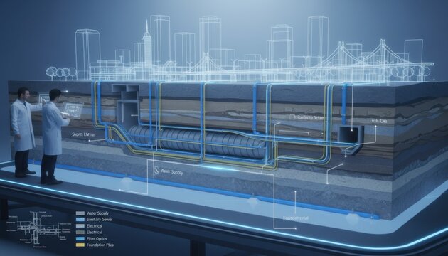 Industrial Laboratory Visualization of Ship Hull Design and Holographic Blueprint.