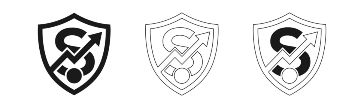 Three shield emblems featuring a stylized letter s and arrow design in varying color schemes