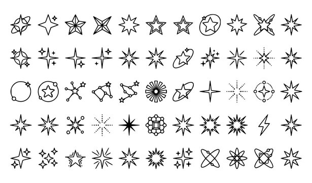 Retro Y2K Star and Sparkle Shapes Futuristic Abstract Symbols Vector Set