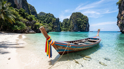 Fototapeta premium Wooden longtail boat anchored on a white sand tropical beach with turquoise water, limestone cliffs, and clear blue sky.