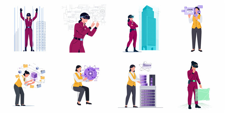 Set of vector illustrations of professional women working in high-tech fields including virtual reality, big data management, artificial intelligence, and digital architecture concepts.