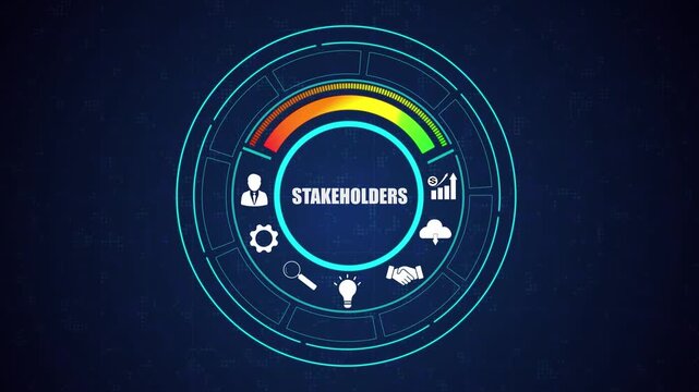 Futuristic HUD interface displaying stakeholders management concept, digital corporate metrics dashboard, network data analysis system.