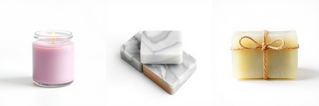 Pink candle, marble soapstone, wrapped soap. Minimalist aesthetic, clean background, wellness products displayed neatly.