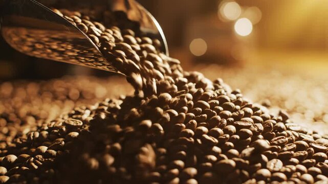 Close-up of roasted coffee beans pouring from a silver metal scoop onto a heap. Warm cinematic lighting with golden bokeh background and shallow depth of field.