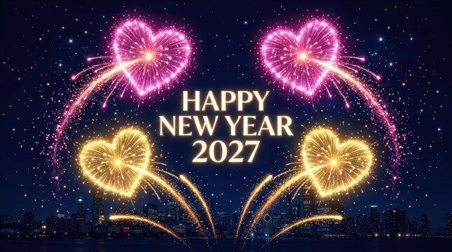 Festive fireworks shaped like hearts and a happy new year 2027 celebration