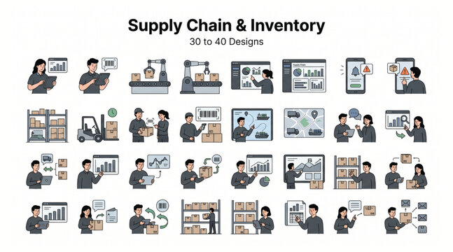 Modern business supply chain and inventory management icon pack with logistics inventory warehouse delivery distribution shipping transport business management commerce technology