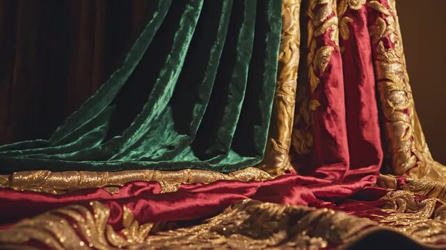 Rich red and green velvet textiles with ornate gold embroidery