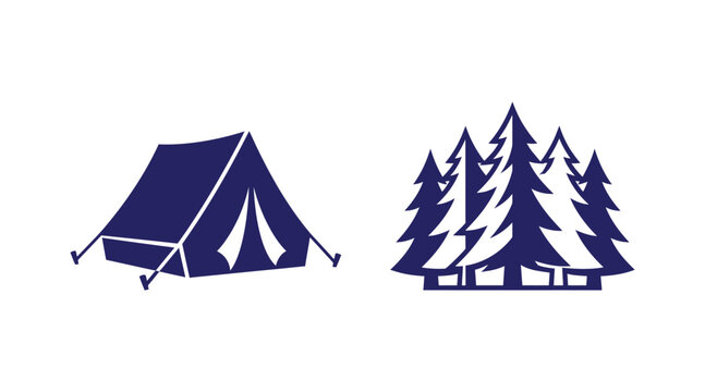 Camping tent icon beside group of coniferous pine trees silhouette with outdoors adventure silhouette recreation vacation wilderness exploration isolated activity mountain woodland basecamp