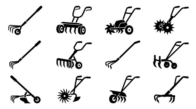 Motorized garden tiller and cultivator silhouettes.