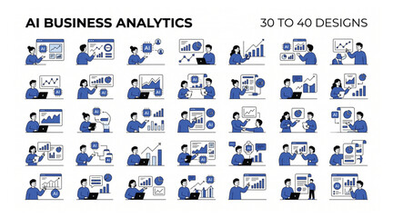 Ai business analytics and data analysis vector icon set with analytics business intelligence artificial technology marketing statistics strategy management information analysis planning © Shaon