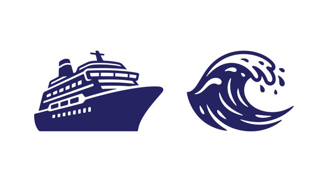 Cruise ship and crashing ocean wave graphic with cruise liner nautical maritime transportation transport vacation oceanography illustration minimalist adventure navigation