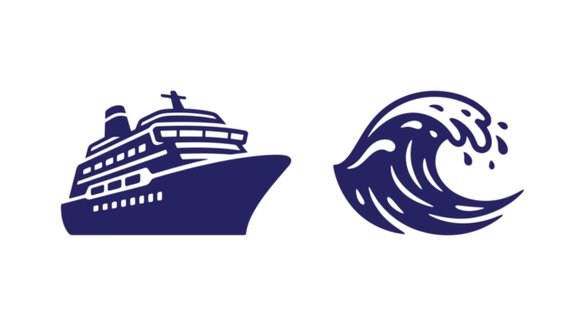 Cruise ship and crashing ocean wave graphic with cruise liner nautical maritime transportation transport vacation oceanography illustration minimalist adventure navigation