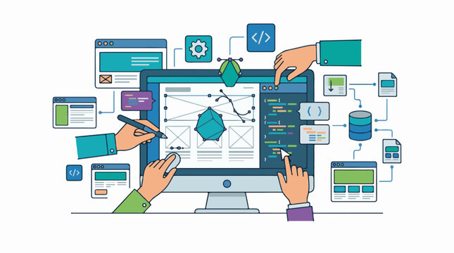 A computer screen displays a web design project surrounded by various coding and design elements