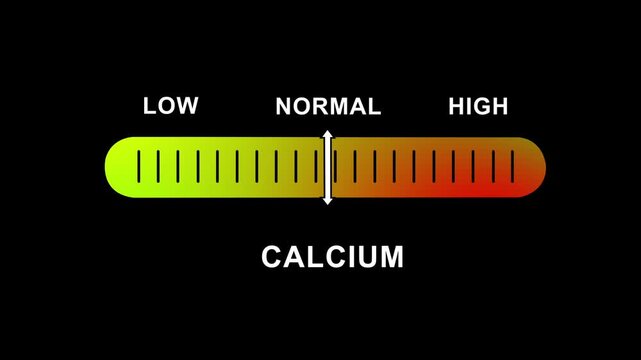 Dynamic calcium level indicator gauge animation featuring a sliding scale moving from low to normal and ranges for medical diagnostics, nutritional health analysis, and scientific laboratory
