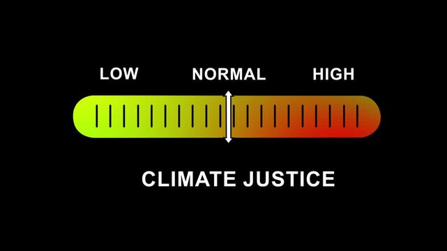Dynamic climate justice indicator gauge animation featuring a sliding scale moving from low to risk levels for environmental policy, global warming awareness, and sustainability data visualization