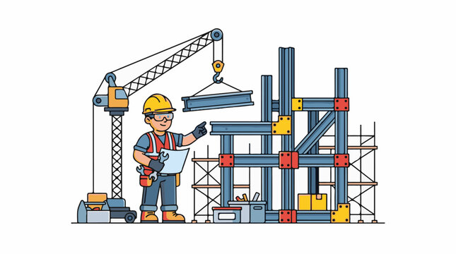 Worker in hard hat directing construction with crane and scaffolding