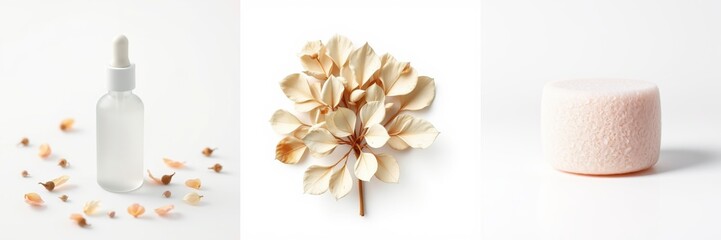 Fototapeta premium Minimalist beauty products presentation. Serum bottle, dried flowers, sponge shown. Soft colors, clean aesthetic, simple composition.