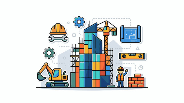 A colorful illustration of a construction site with a worker and various equipment