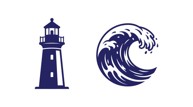 Minimalist lighthouse and ocean wave icon for nautical coastal concepts with lighthouse nautical maritime navigation illustration seascape oceanography isolated monochrome architecture
