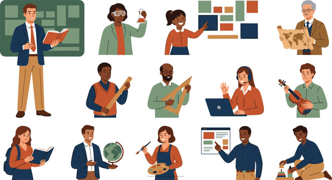 Academic Professions Vector Illustration Featuring Science, Geography, Art, Music, Mathematics, Literature, Technology, Engineering, and Teaching