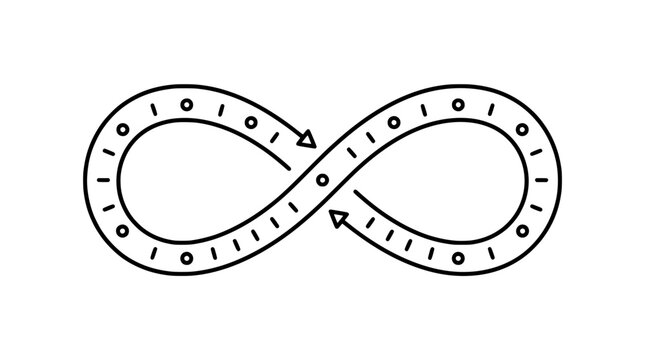 Digital infinity loop symbol with binary code and arrows representing continuous data flow and endless cycles PNG Isolated on transparent background