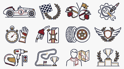 Obraz premium Professional Icons Set of Racing and Motorsport Elements in Maroon Gold and Black Outline Style