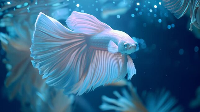 Graceful White Betta Fish Swimming in Serene Blue Aquarium Water